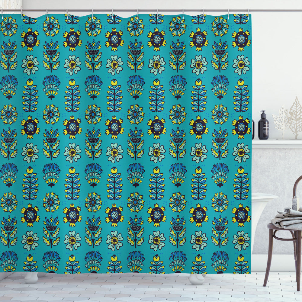 Abstract Botanical Element Shower Curtain in Sea Blue and Multicolor