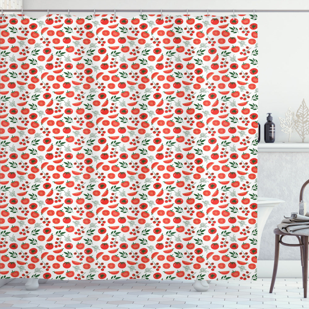 Vibrant Vegetarian Tomatoes Inspire a Healthy Lifestyle in Food, Vermilion, White, and Green Shower Curtain Design