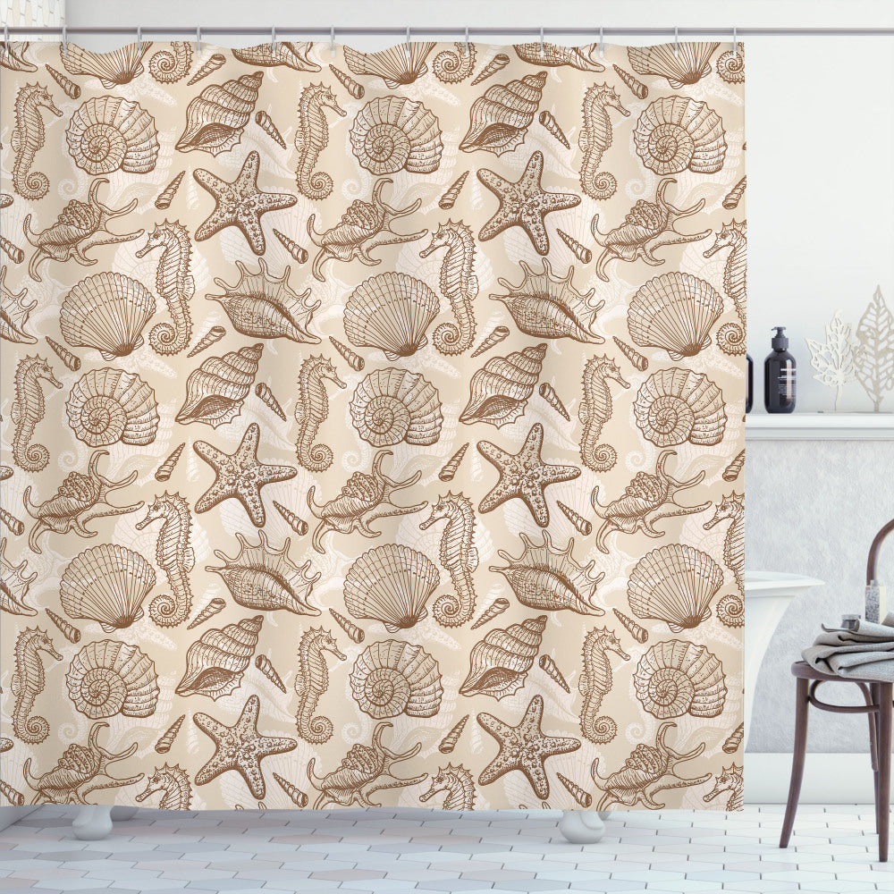 Vintage Ocean Design Shower Curtain with Sea Shells, Brown, and Tan Accents