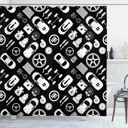 Auto Mechanic-Inspired Charcoal Grey and White Shower Curtain Design