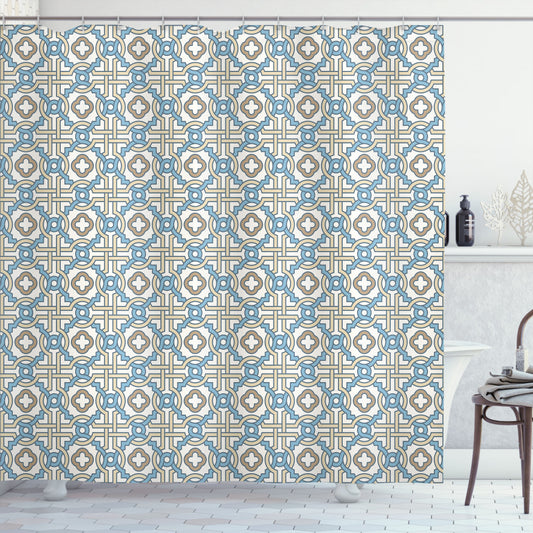 Circular Star Tile Motif Quatrefoil Design in Beige, Blue, and Tan - Shower Curtain