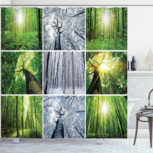 Woodland Winter Meets Spring: Forest Green and White Shower Curtain