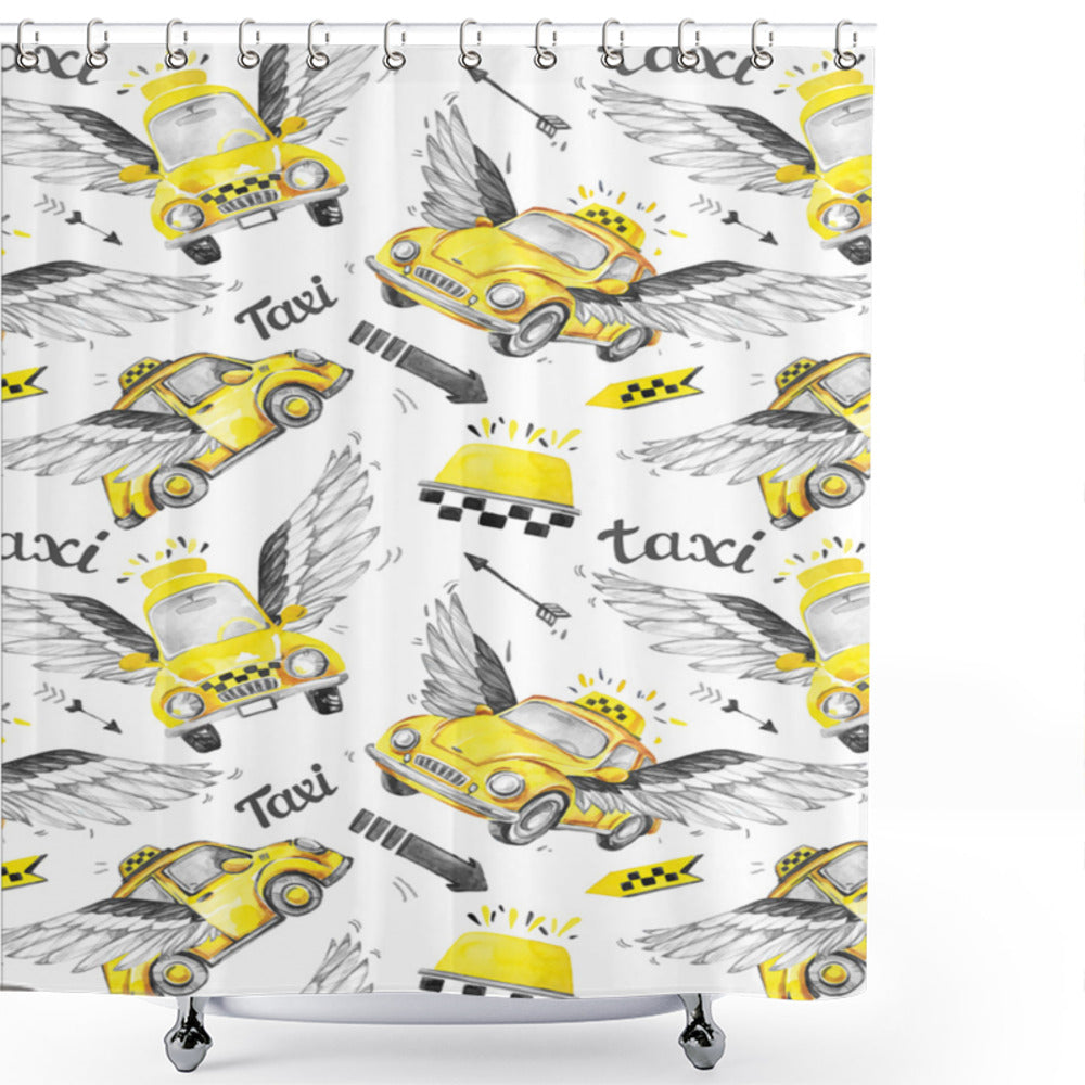 Yellow and Grey Watercolor Flying Taxis Cars Shower Curtain