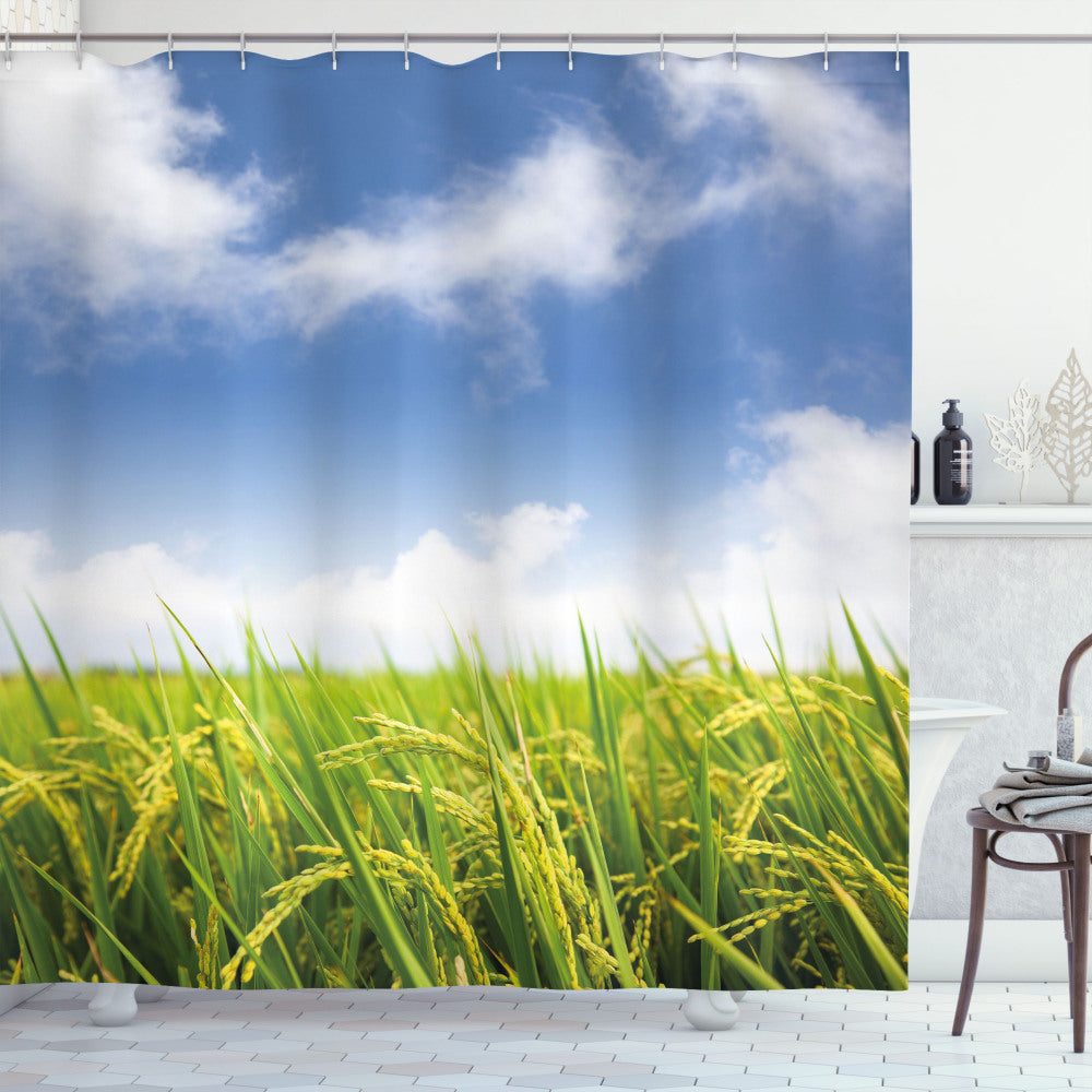 Vibrant Paddy Rice Field Inspired Shower Curtain in Apple Green and Sky Blue