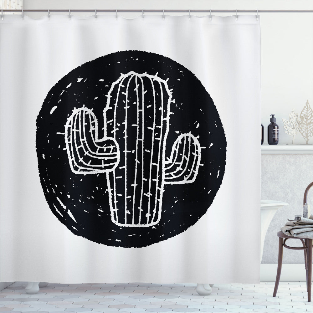 White and Black Cactus Design Shower Curtain - Saguaro Plant Theme