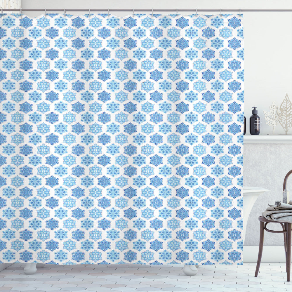 Tribal Chinese Motifs Inspired Blue Mandala Designs on Pale Blue and Baby Blue with White Shower Curtain