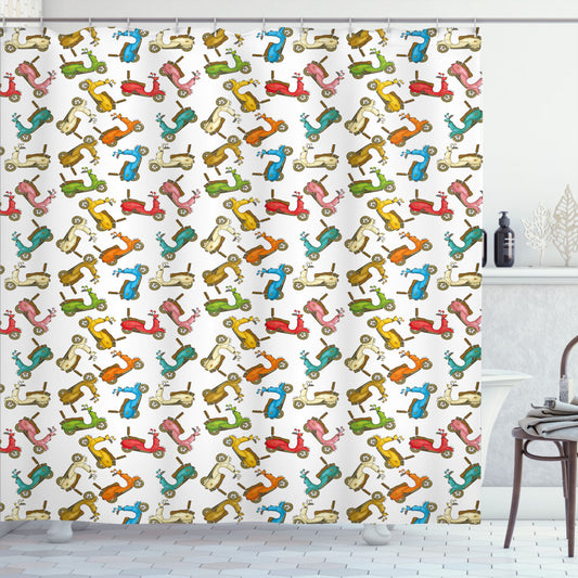 Vintage Italian Moped Inspired Multicolor Motorcycle Shower Curtain