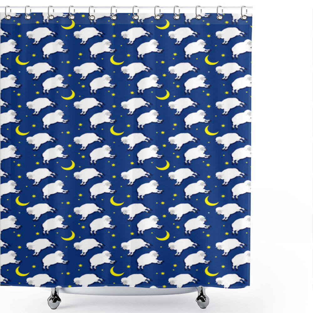 Cartoon Sleeping Lambs Animal Design White and Blue Shower Curtain