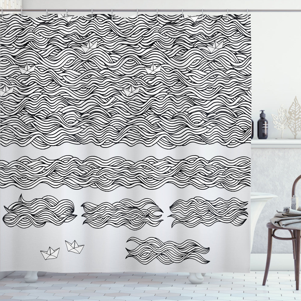 Vintage Boat Inspired Shower Curtain in Pale Grey, White, and Black Wavy Sea Design