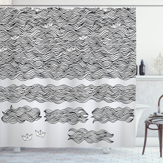 Vintage Boat Inspired Shower Curtain in Pale Grey, White, and Black Wavy Sea Design