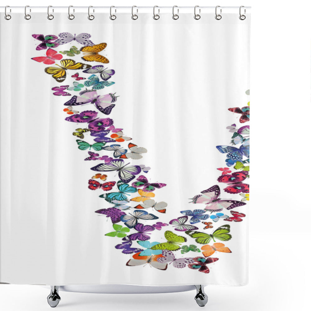 Vividly Multicolored Letter V Infused Lepidoptera Design Shower Curtain