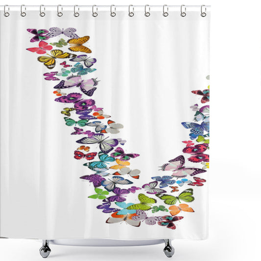 Vividly Multicolored Letter V Infused Lepidoptera Design Shower Curtain