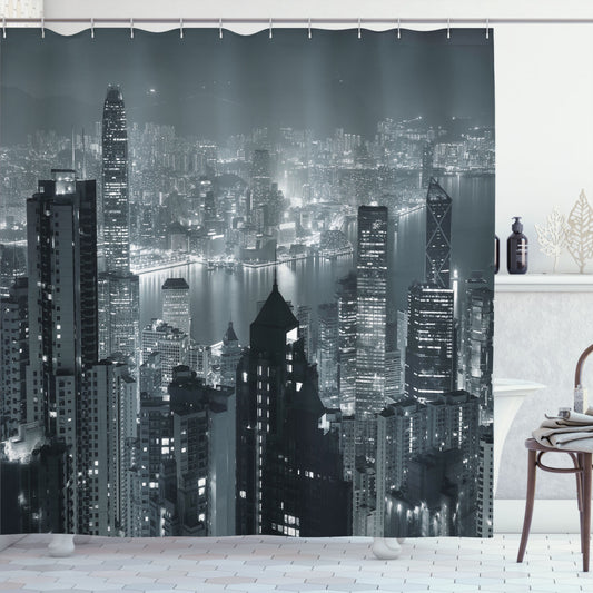 Cityscape at Night: Grey Aerial Landscape - Shower Curtain