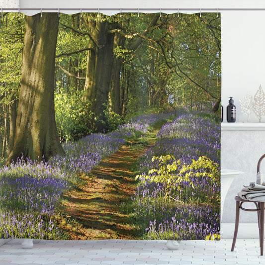 Woodland Purple and Green Path Between Bluebells Shower Curtain