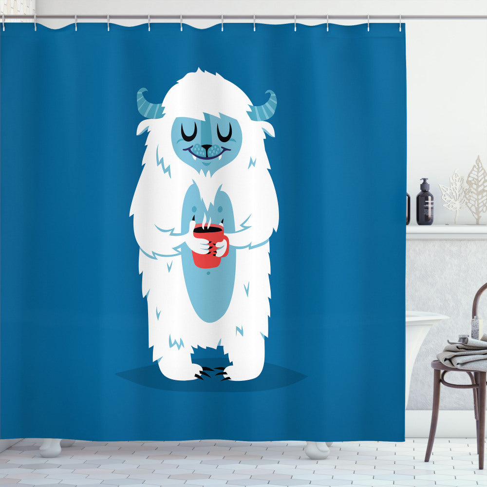 Bigfoot-themed Yeti Coffee Cup Winter Collection in Cobalt Blue, Baby Blue, and White - Shower Curtain