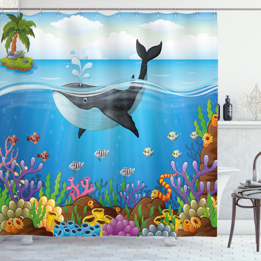 Whale-themed Ocean Planet Shower Curtain in Dark Blue, Orange, and Black