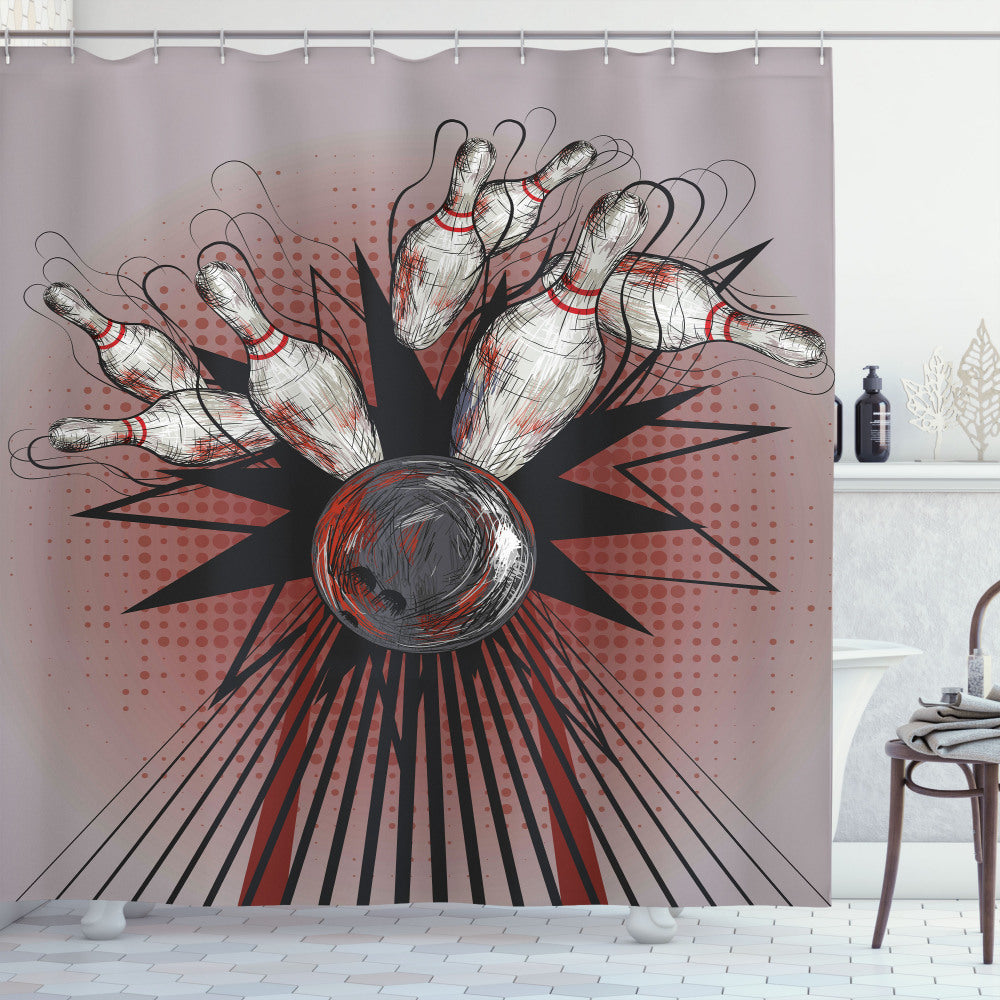 Bowling Party Bath Curtain in Mauve, Grey, Red - Ball Crash Pins Design