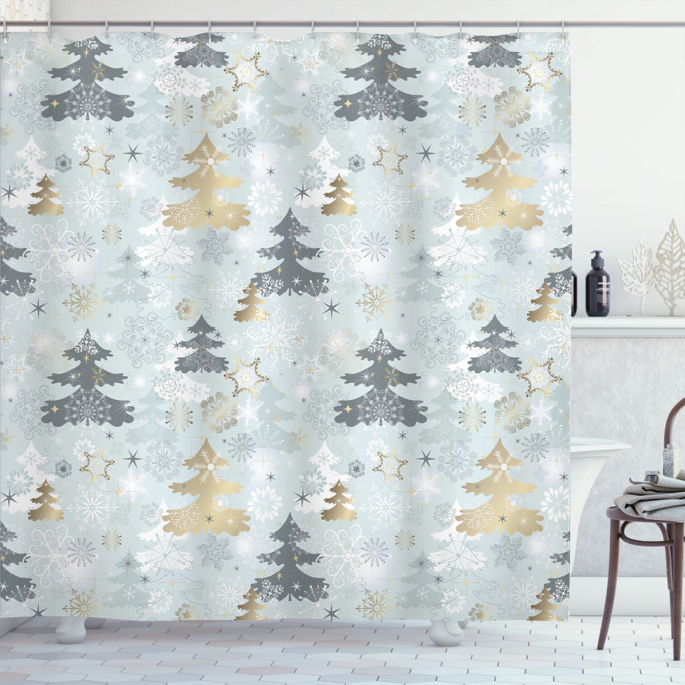 Vintage Chic Christmas Shower Curtain in Retro Soft Pine Tree with Pale Sage Green and Yellow Accents