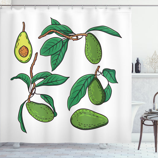 Avocado-shaped Exotic Fruits on Branch Bath Curtain in Green Brown Color Palette