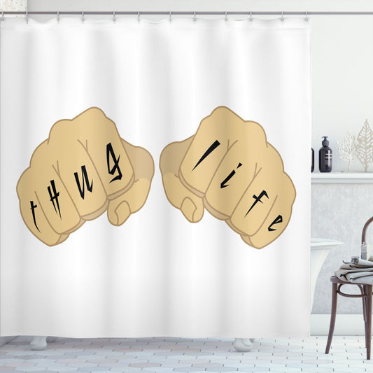 Thug Life Male Fists with Tattoo: White, Beige, and Black Bath Curtain