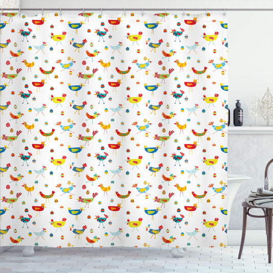 Vibrant Chickens and Eggs: Yellow Green, Sky Blue, Vermilion Bath Curtain