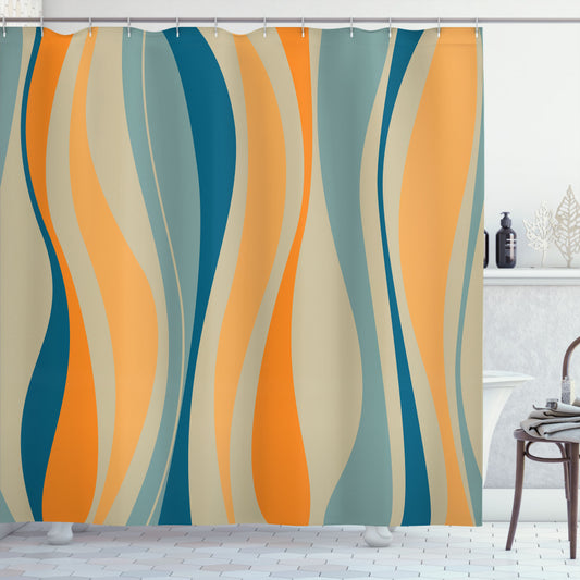 Vintage Retro Vibrant Stripes: Petrol Blue, Marigold, and Beige Shower Curtain