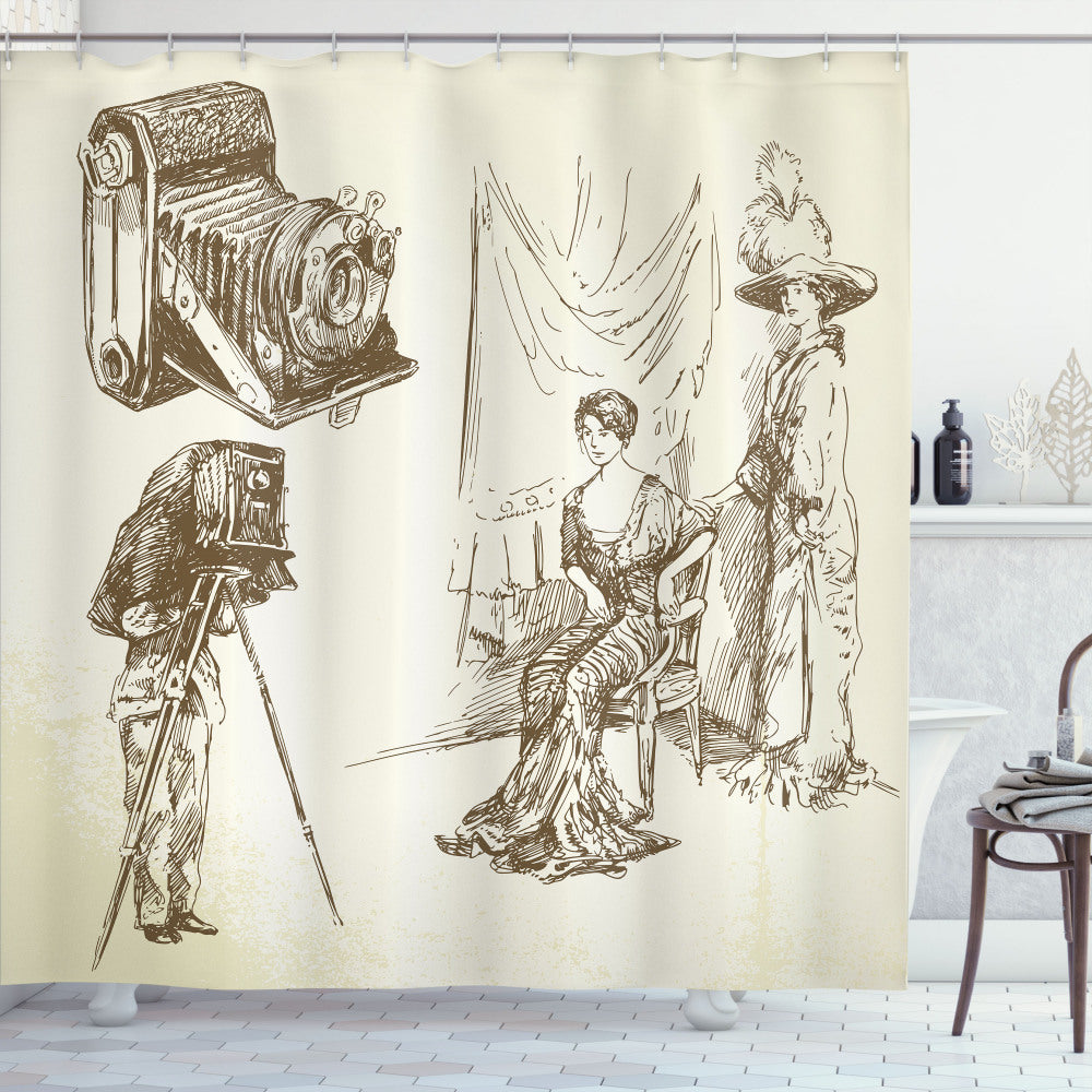 Vintage Woman Adds a Nostalgic Touch to Your Bathroom with Sepia and Beige Shower Curtain