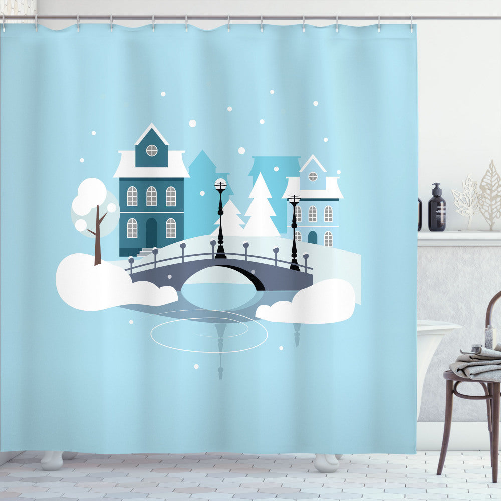 Cityscape Bath Curtain in Winter Shades of Pale Blue Grey and White