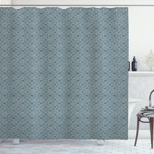 Vintage Dark Teal and Eggshell Shower Curtain Featuring Curved and Angled Lines