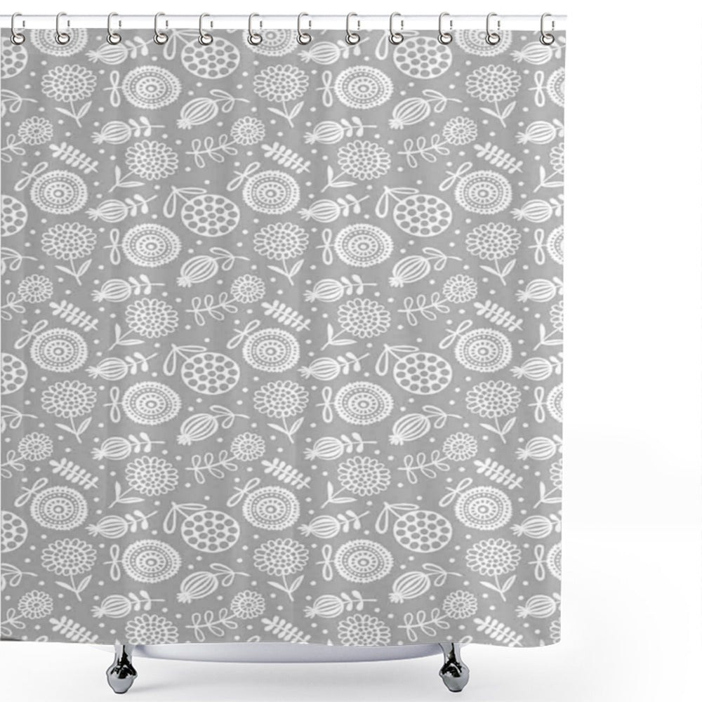 White and Grey Flower Doodle Petals Blossom Shower Curtain