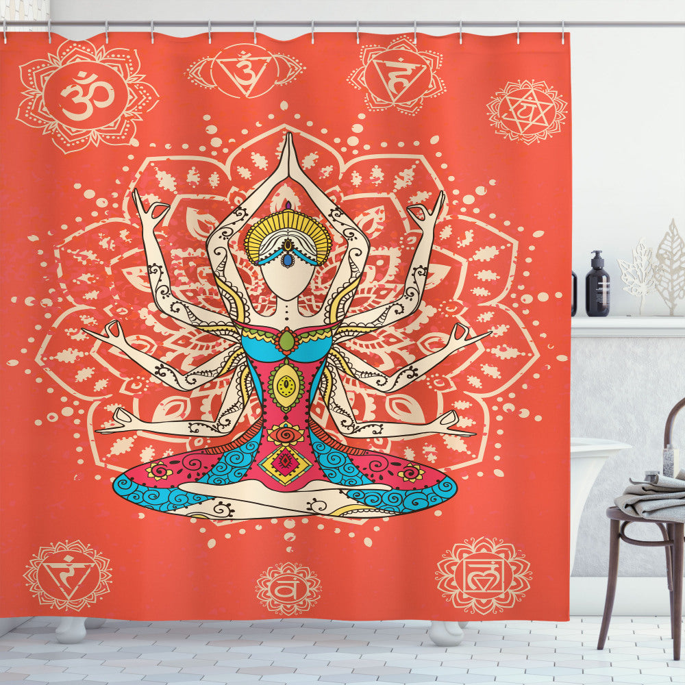 Yoga-inspired Discipline Costume Luxuriously Infused with Cream, Teal, and Red Accents: A Stylish Shower Curtain