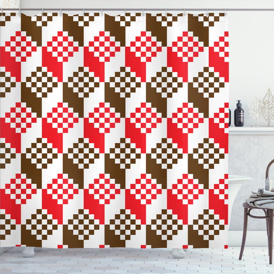 Vintage Geometric Art Bath Curtain in Abstract Chocolate, Scarlet, and White Tones