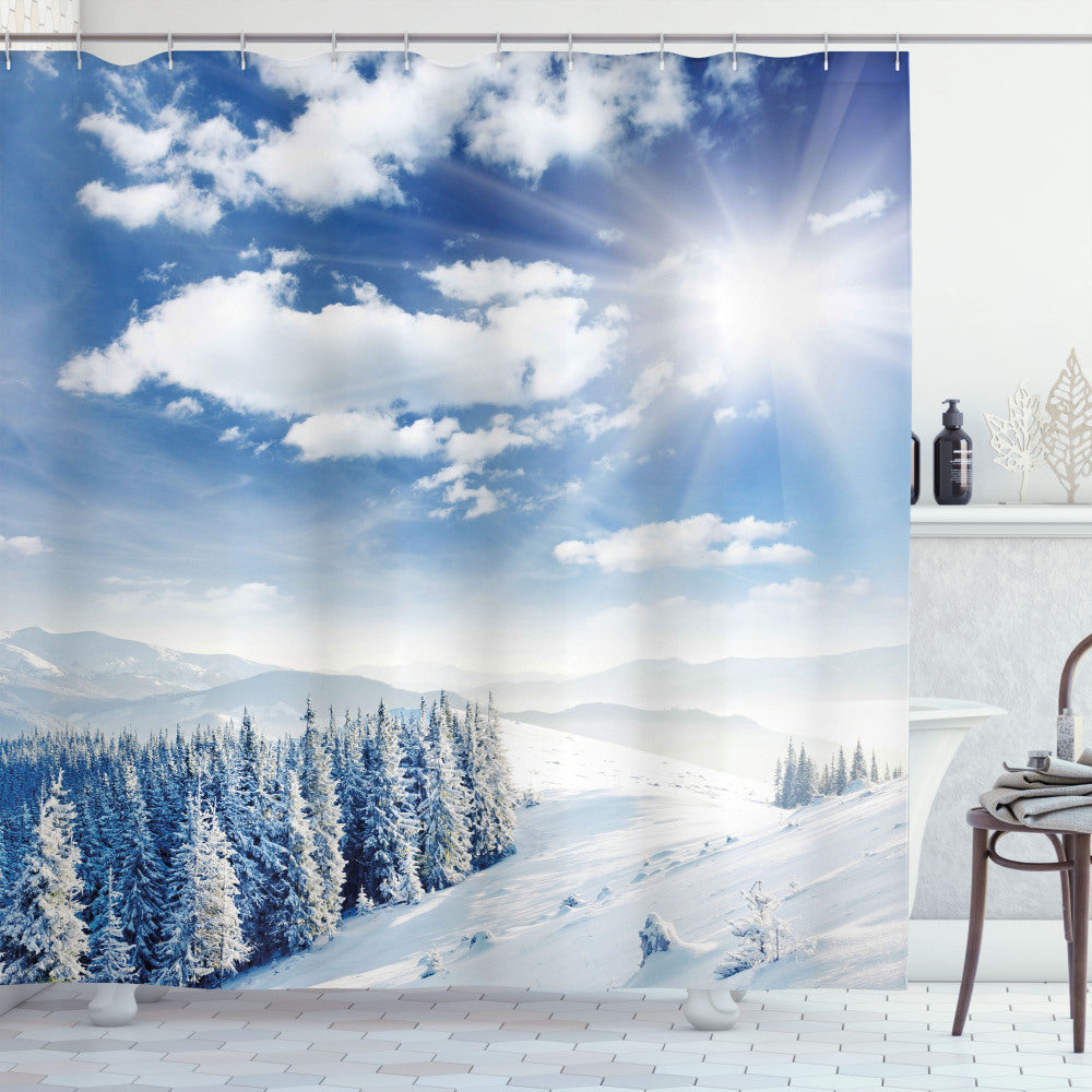 Winter Wonderland: Idyllic Snow Mountain Inspired Pale Blue and White Shower Curtain