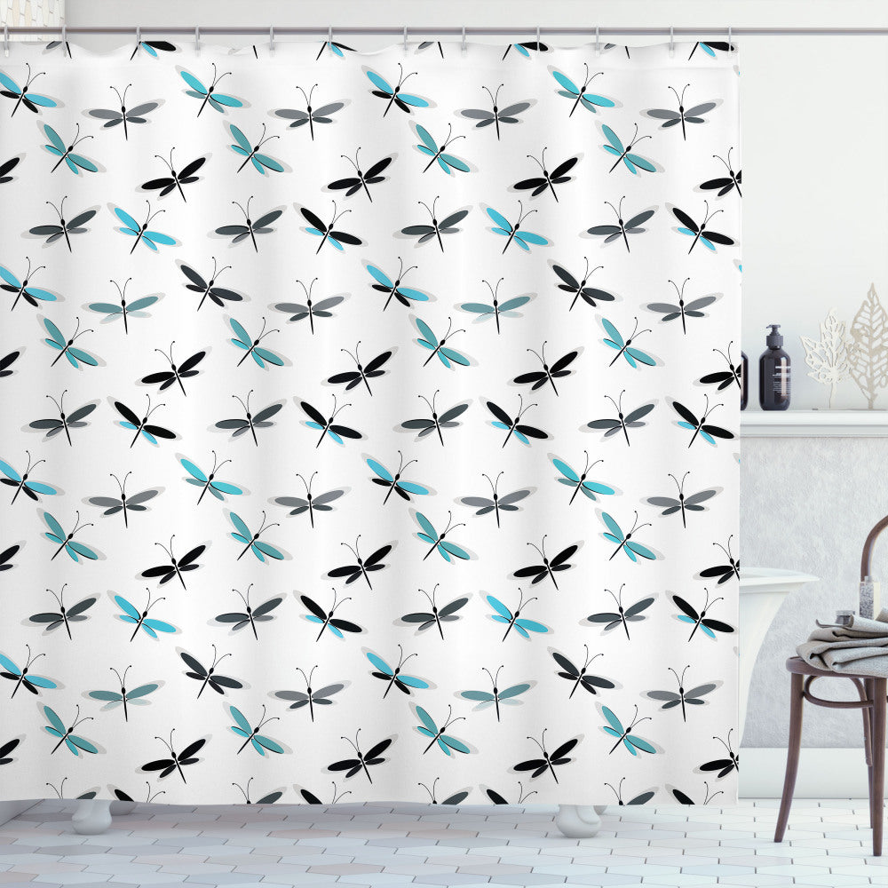 Abstract Butterfly Wings Shower Curtain in Deep Sky Blue, Charcoal Grey, Pale Grey, and White Palette