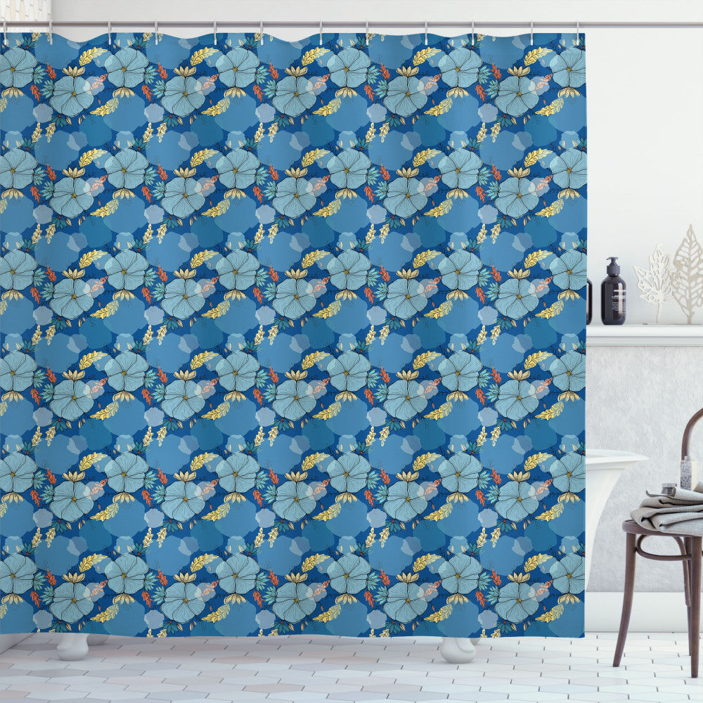 Boho Spring Doodle Flowers Shower Curtain in Floral Blue, Pale Blue, Burnt Sienna, and Pale Yellow