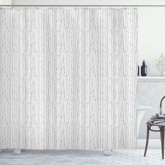 Abstract Charcoal Grey and White Bath Curtain Featuring Uneven Stripes and Dots