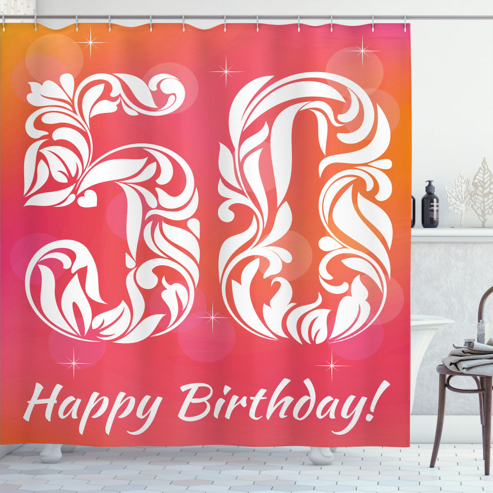 50th Birthday Celebration: Swirls and Stars Shower Curtain in Orange, White, and Pink