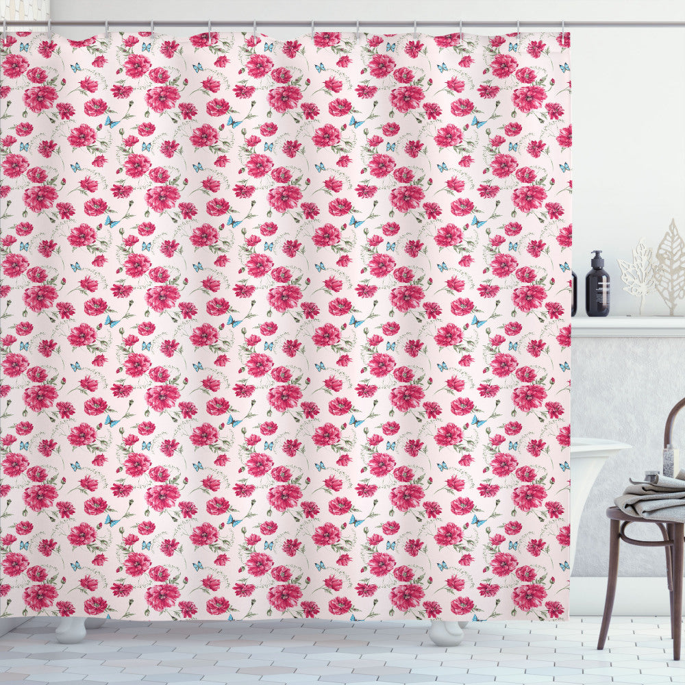 Aqua and Pink Summer Poppies Shower Curtain Collection