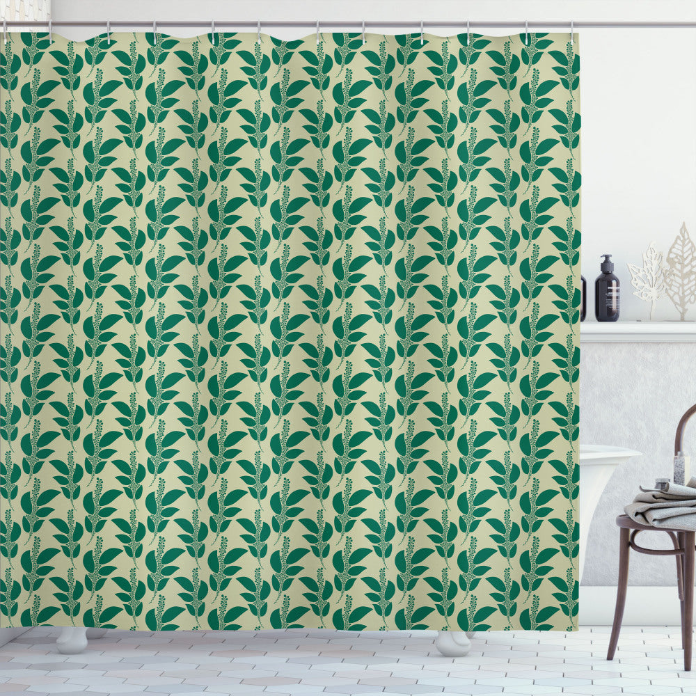 Tropical Leafy Plant Garden Art Shower Curtain in Pale Khaki and Forest Green