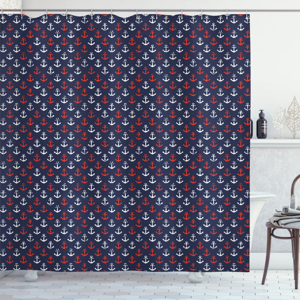 Abstract Sea Grunge Worn Shower Curtain with Anchor, Vermilion, Dark Blue, and White Accents