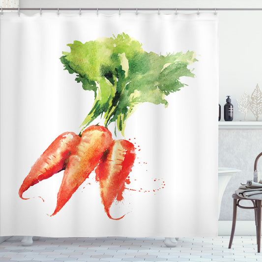 Watercolor Carrot Vegetable Art Shower Curtain - featuring Orange, White, and Green