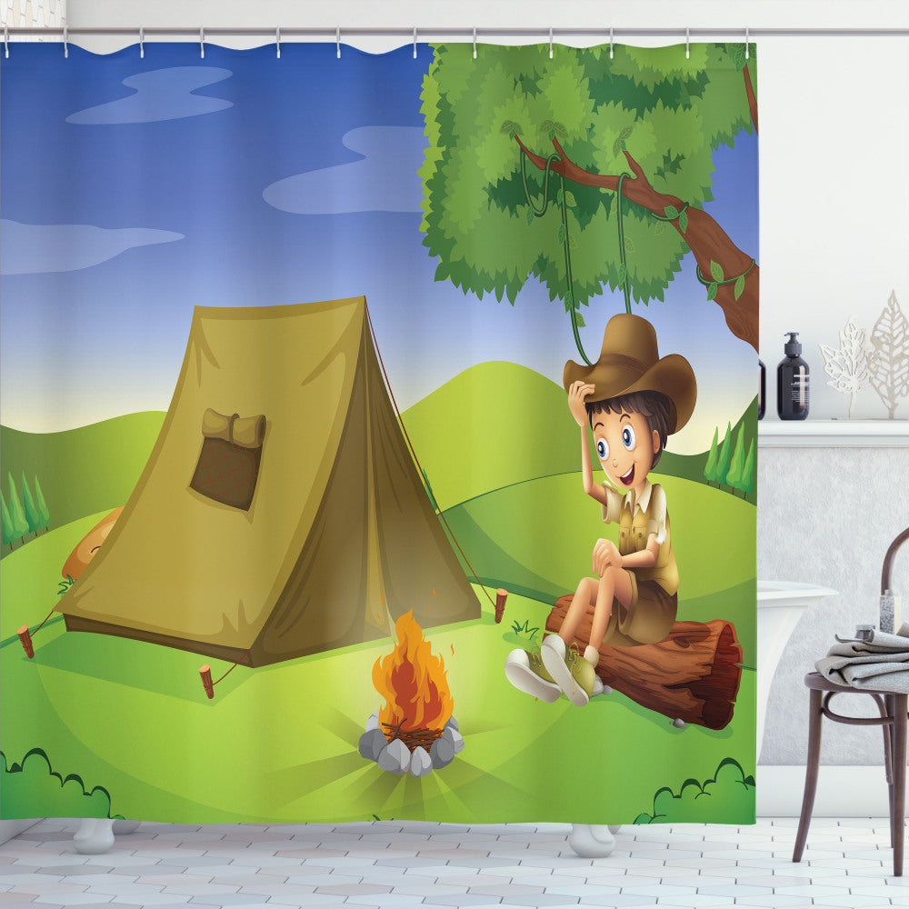 Child Sitting on a Colorful Trunk: A Vibrant Green, Brown, and Blue Shower Curtain