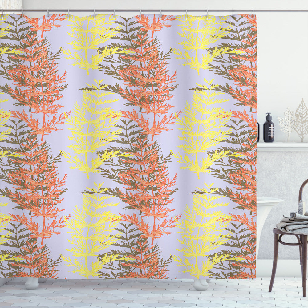 Botany-inspired Bath Curtain featuring Herbs, Sprigs, and Branches in Pastel Purple, Pastel Yellow, Sepia, and Peach