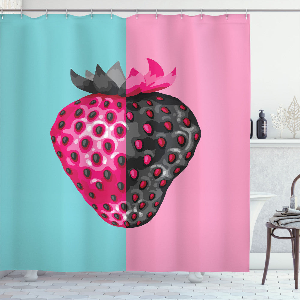 Abstract Strawberry Motif Fruit-themed Shower Curtain in Charcoal Grey, Pale Blue, and Pink