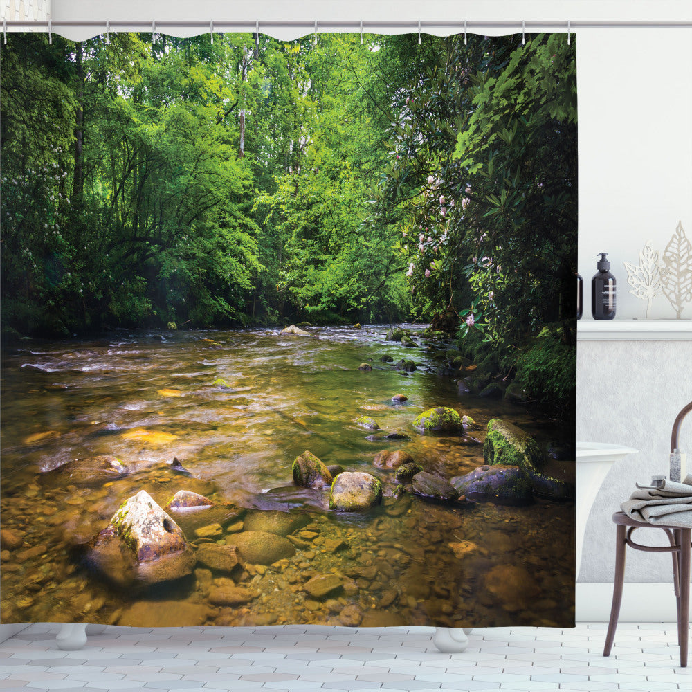 Appalachian-Inspired Oconaluftee River Shower Curtain Featuring Lime Green, Charcoal Grey, and Fawn Tones Photo