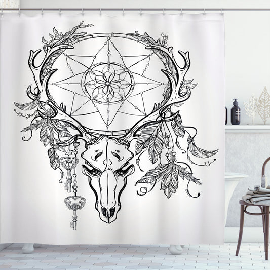 Tattoo Inspired Skull with Feathers Design Shower Curtain in White and Black