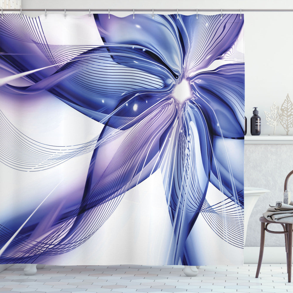 Abstract Geometric Flowers Shower Curtain in Purple, White, and Blue Shades