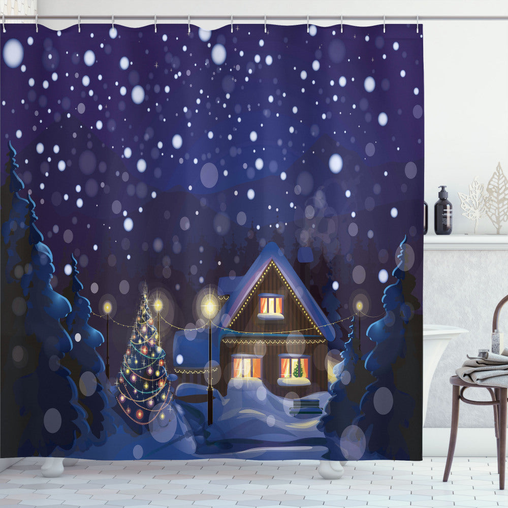 Christmas Navy Blue and Yellow Winter Night House Shower Curtain