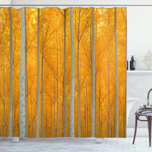 Autumnal Forest Shower Curtain with Pale Leaves in Yellow and Grey