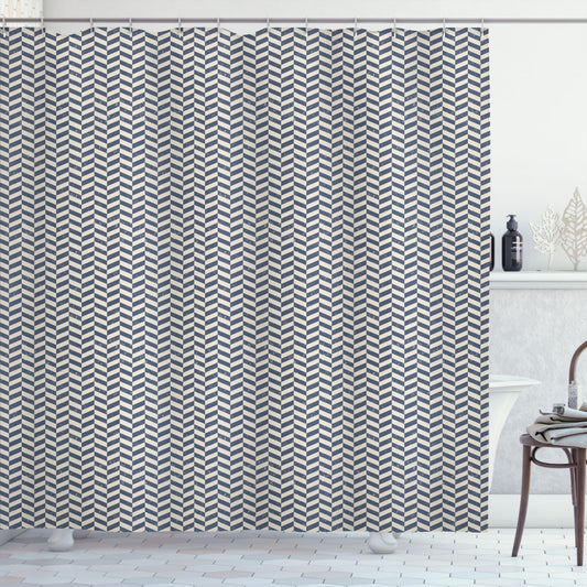 Chevron Inspired Grunge Geometric Zigzag Bath Curtain in Slate Blue and Eggshell